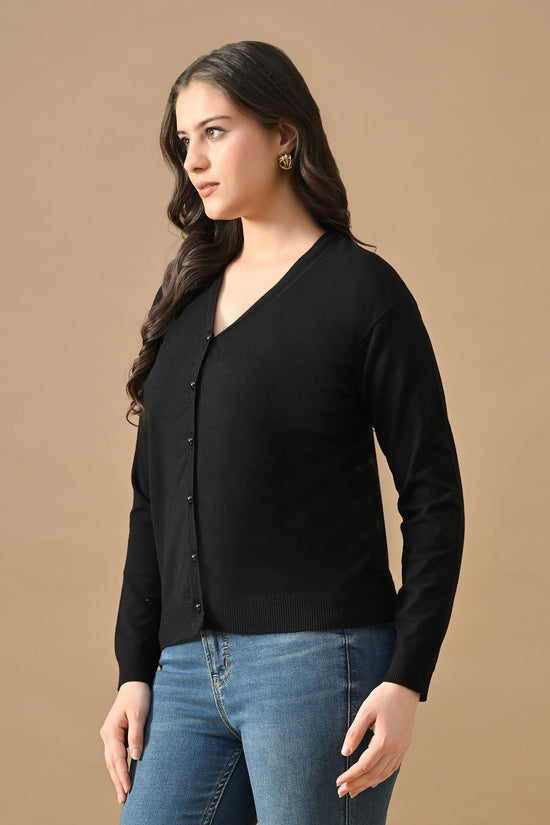 Winter Black Woven V-Neck Cardigan