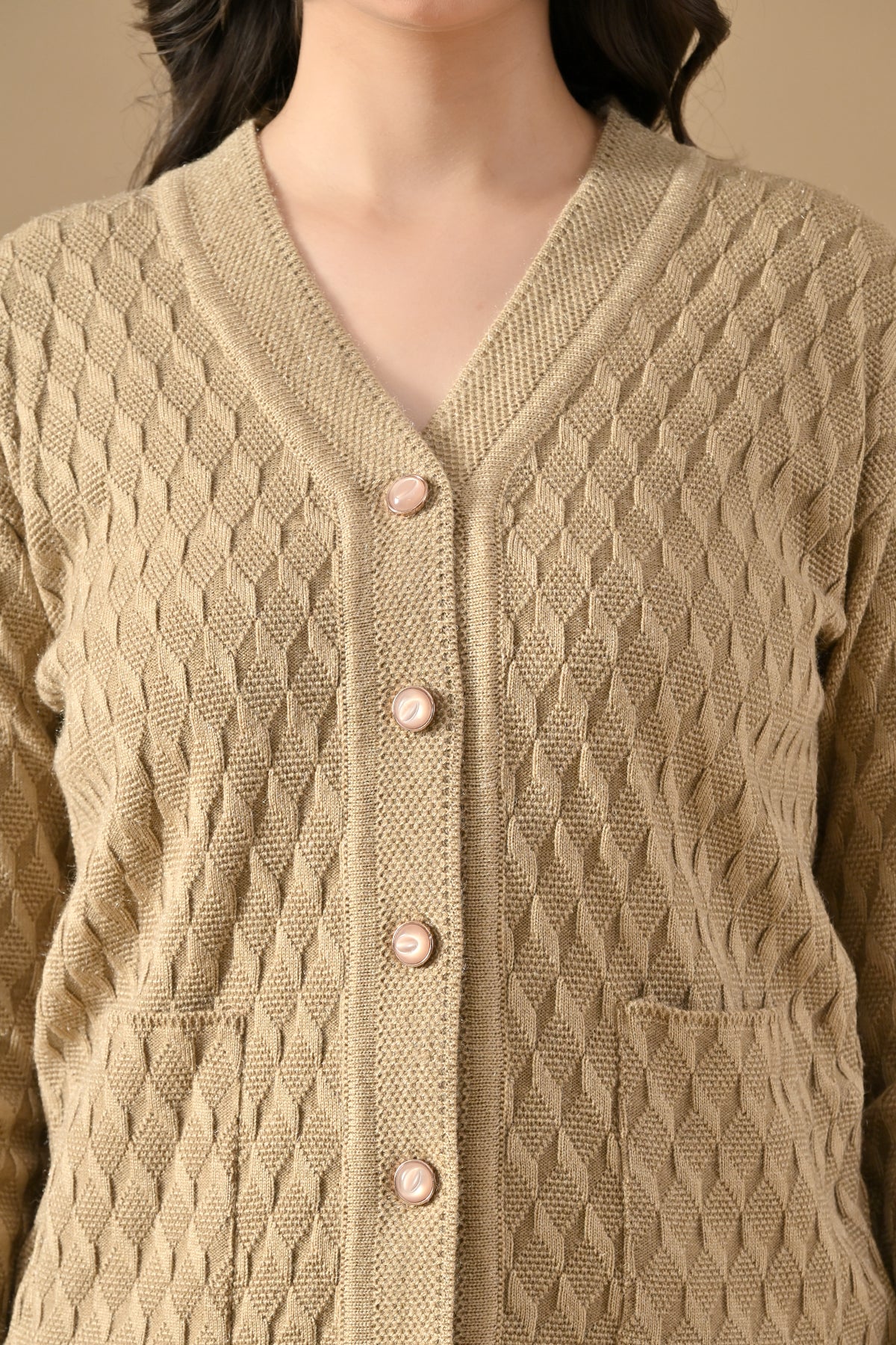 Winter Beige Knitted V-Neck Cardigan