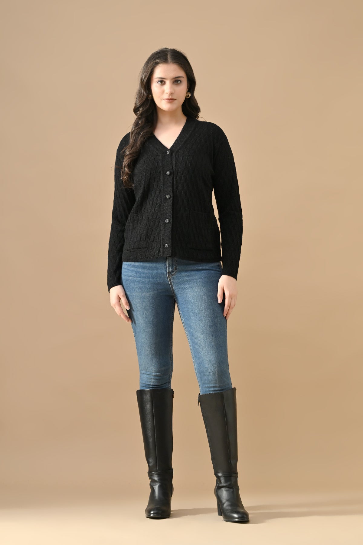 Winter Black Knitted V-Neck Cardigan