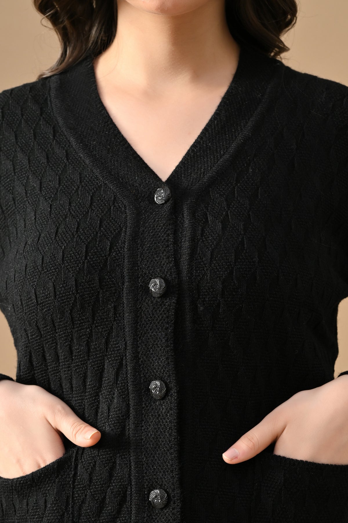 Winter Black Knitted V-Neck Cardigan