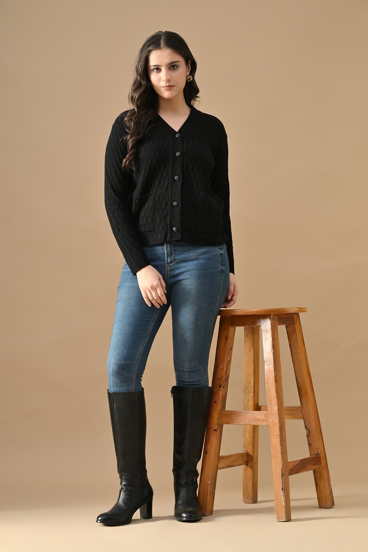 Winter Black Knitted V-Neck Cardigan