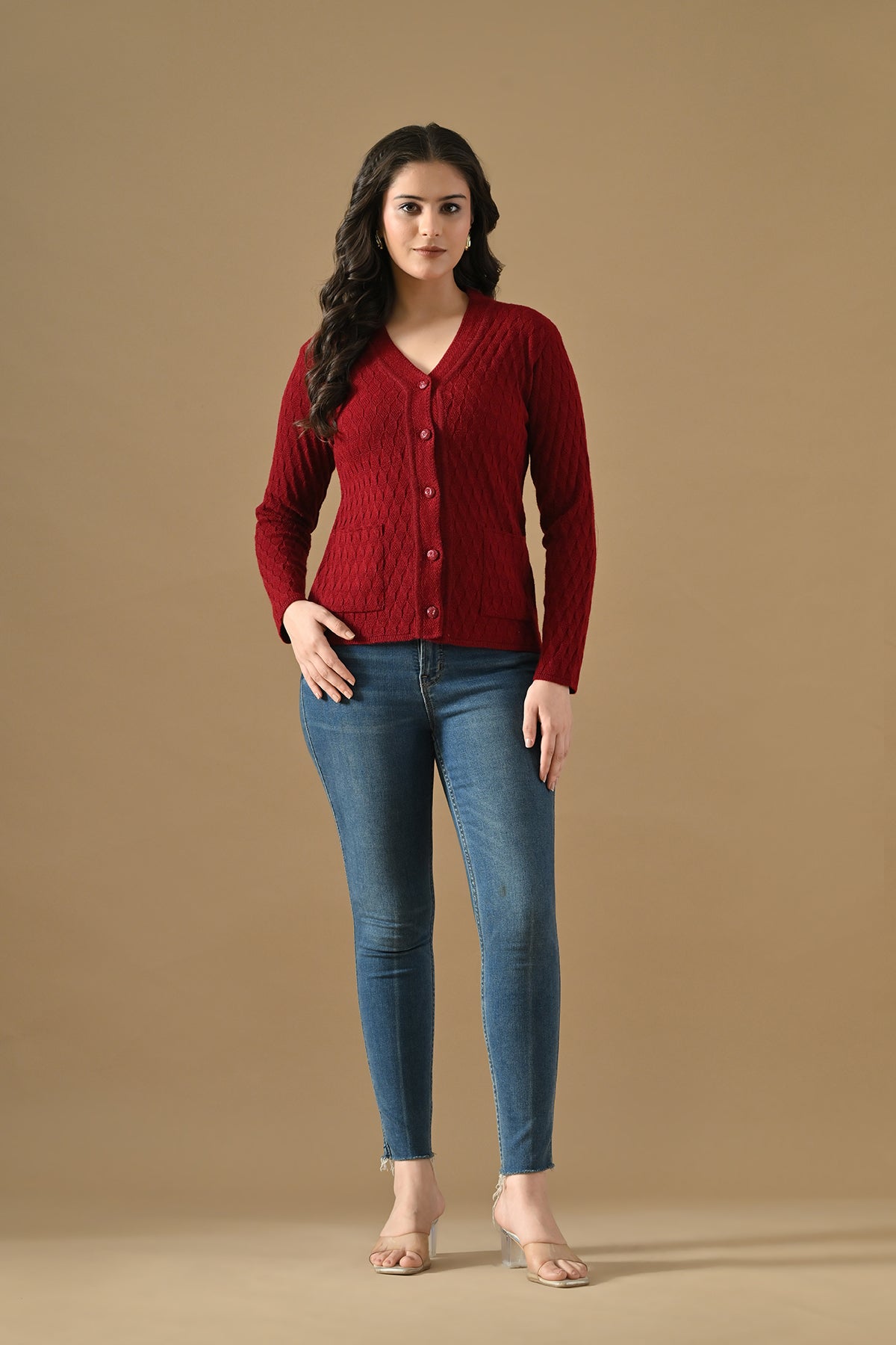 Winter Maroon Knitted V-Neck Cardigan