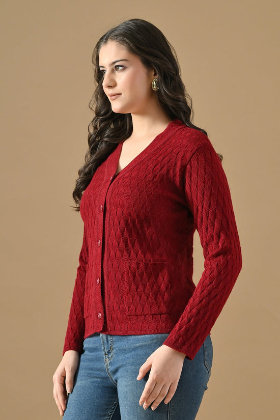 Winter Maroon Knitted V-Neck Cardigan