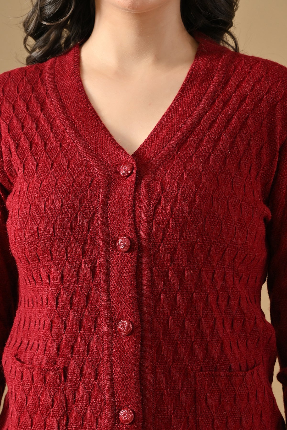 Winter Maroon Knitted V-Neck Cardigan