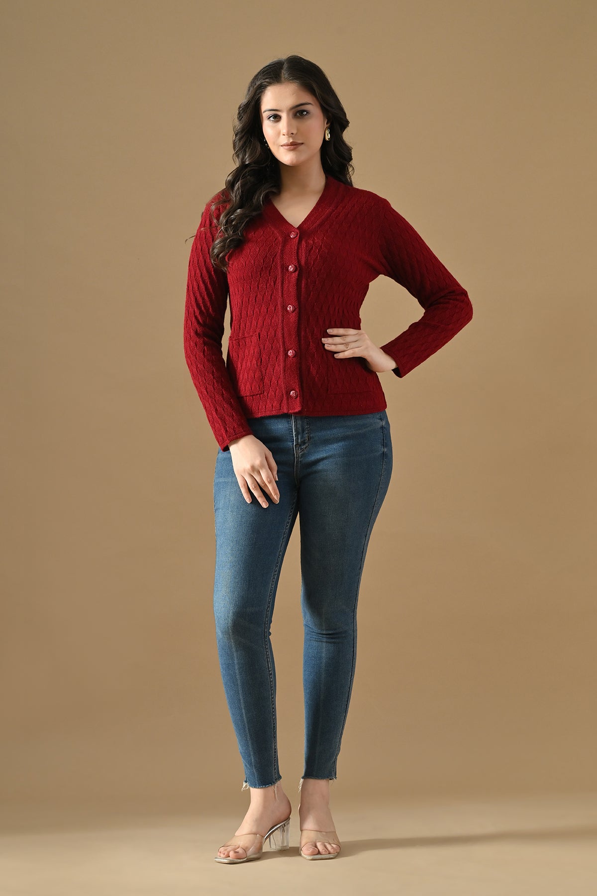 Winter Maroon Knitted V-Neck Cardigan