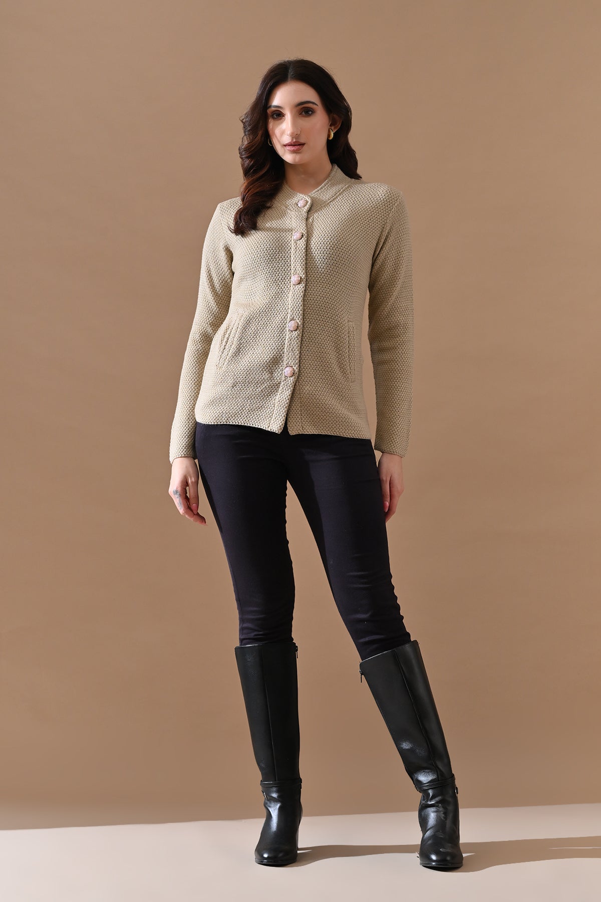 Winter Beige Knitted Mandarin Collar Cardigan