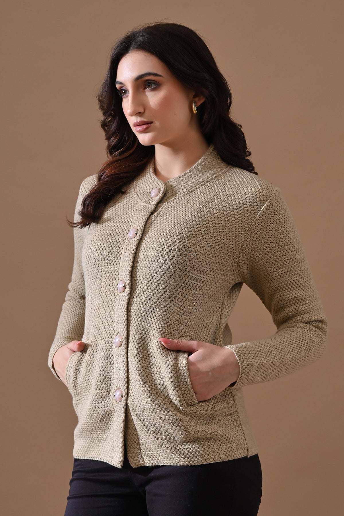 Winter Beige Knitted Mandarin Collar Cardigan