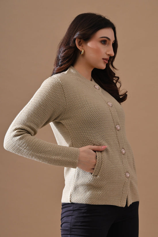 Winter Beige Knitted Mandarin Collar Cardigan