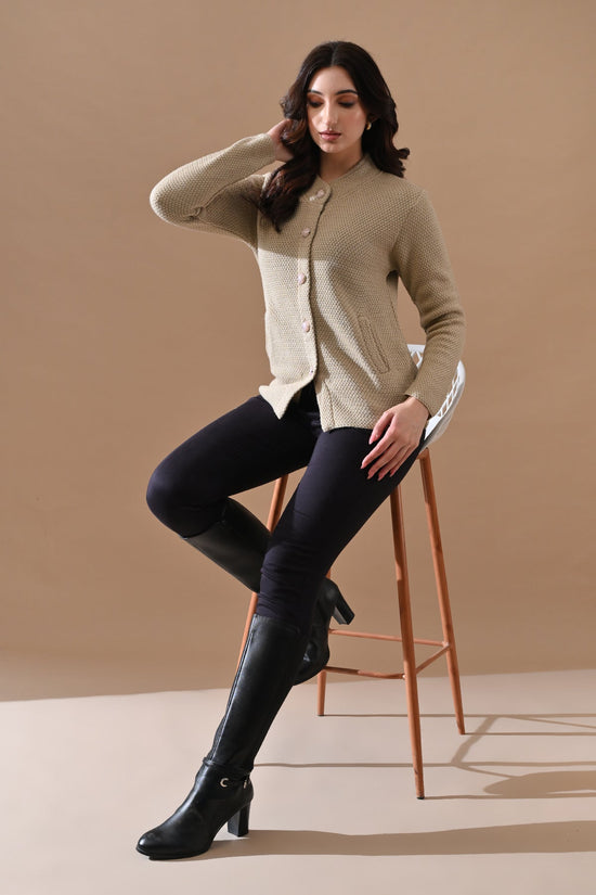 Winter Beige Knitted Mandarin Collar Cardigan