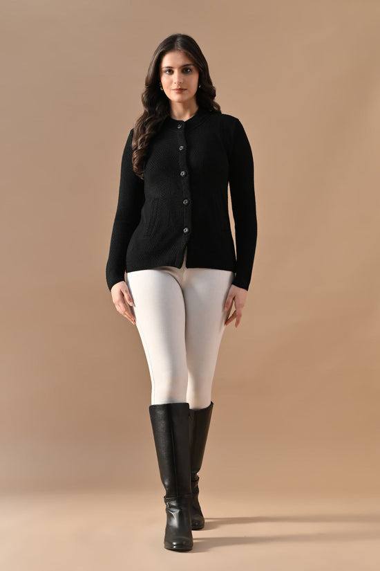 Winter Black Knitted Mandarin Collar Cardigan