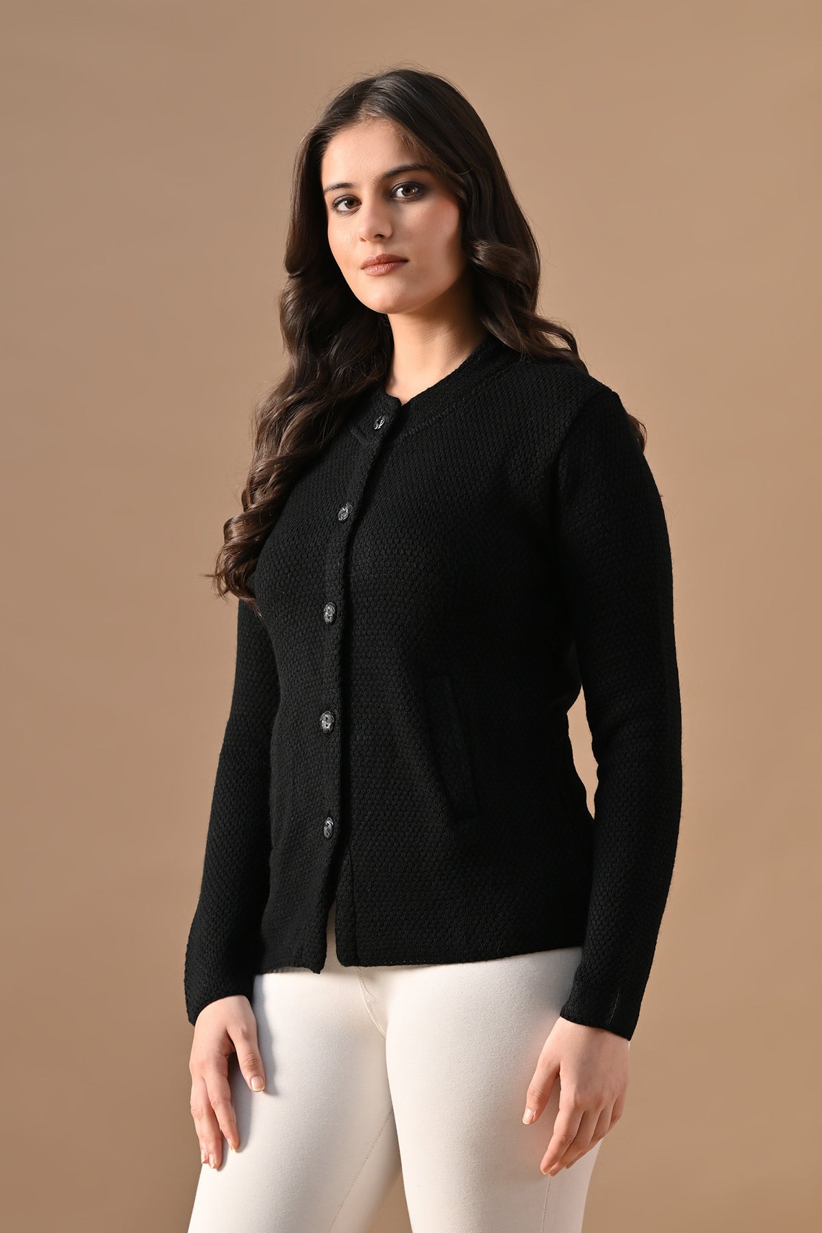 Winter Black Knitted Mandarin Collar Cardigan
