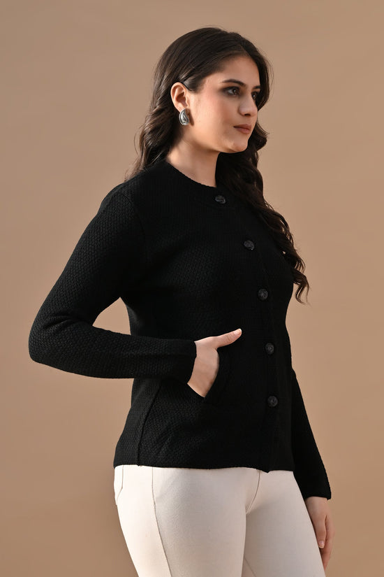 Winter Black Knitted Mandarin Collar Cardigan