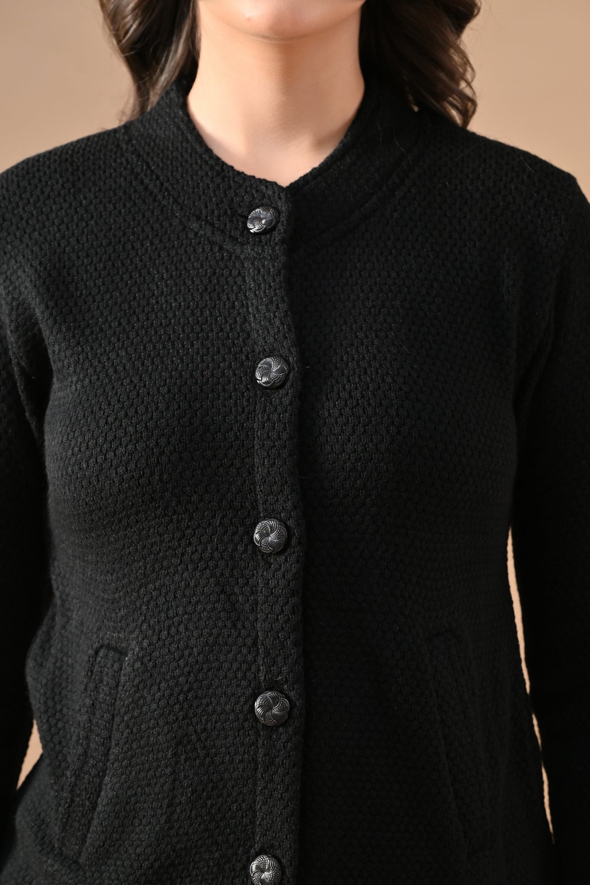 Winter Black Knitted Mandarin Collar Cardigan