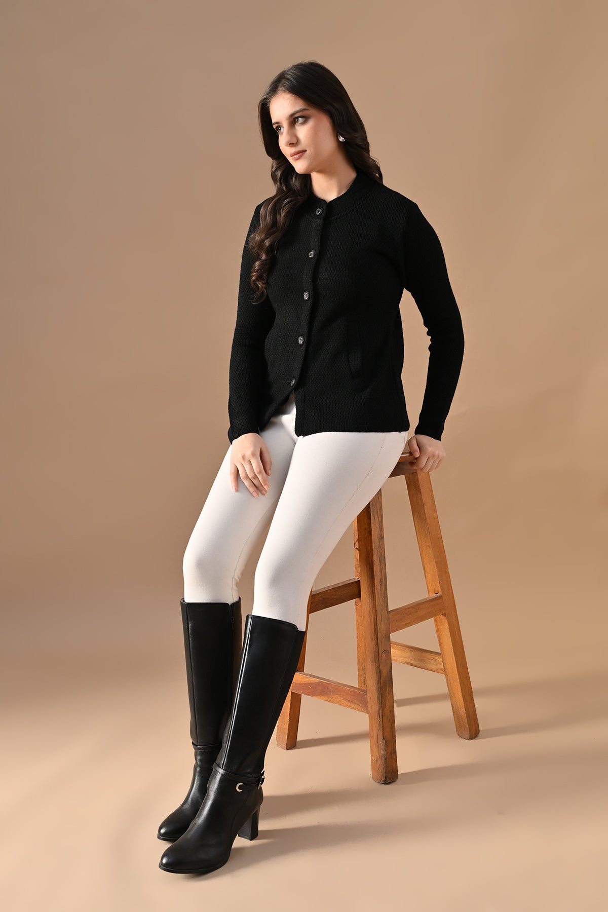 Winter Black Knitted Mandarin Collar Cardigan