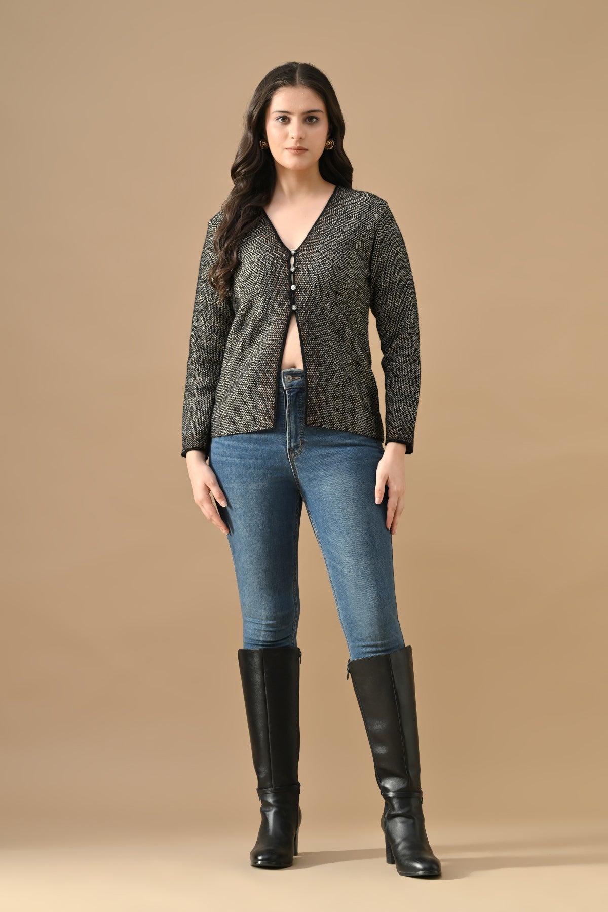 Winter Black Woven V-Neck Cardigan