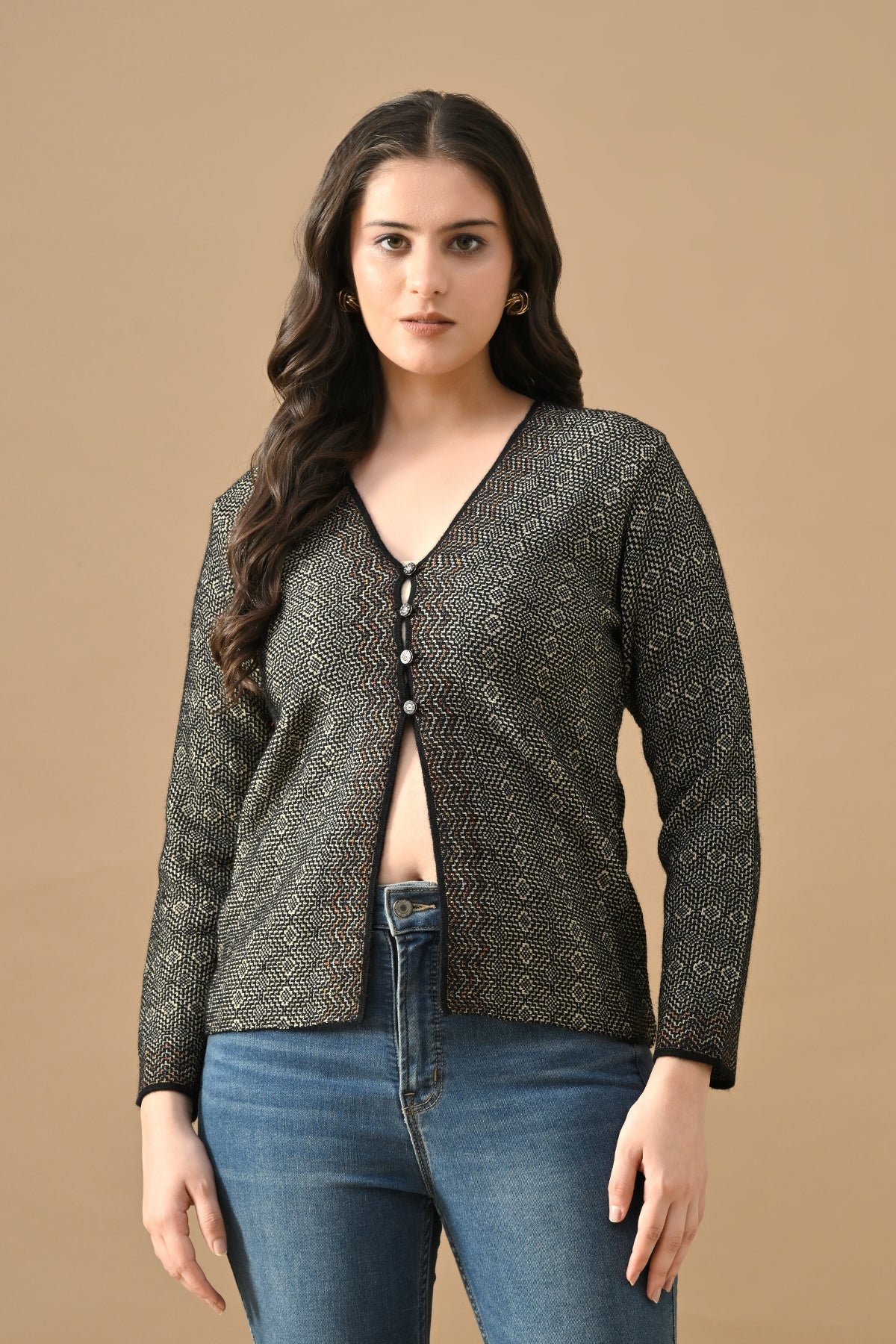 Winter Black Woven V-Neck Cardigan