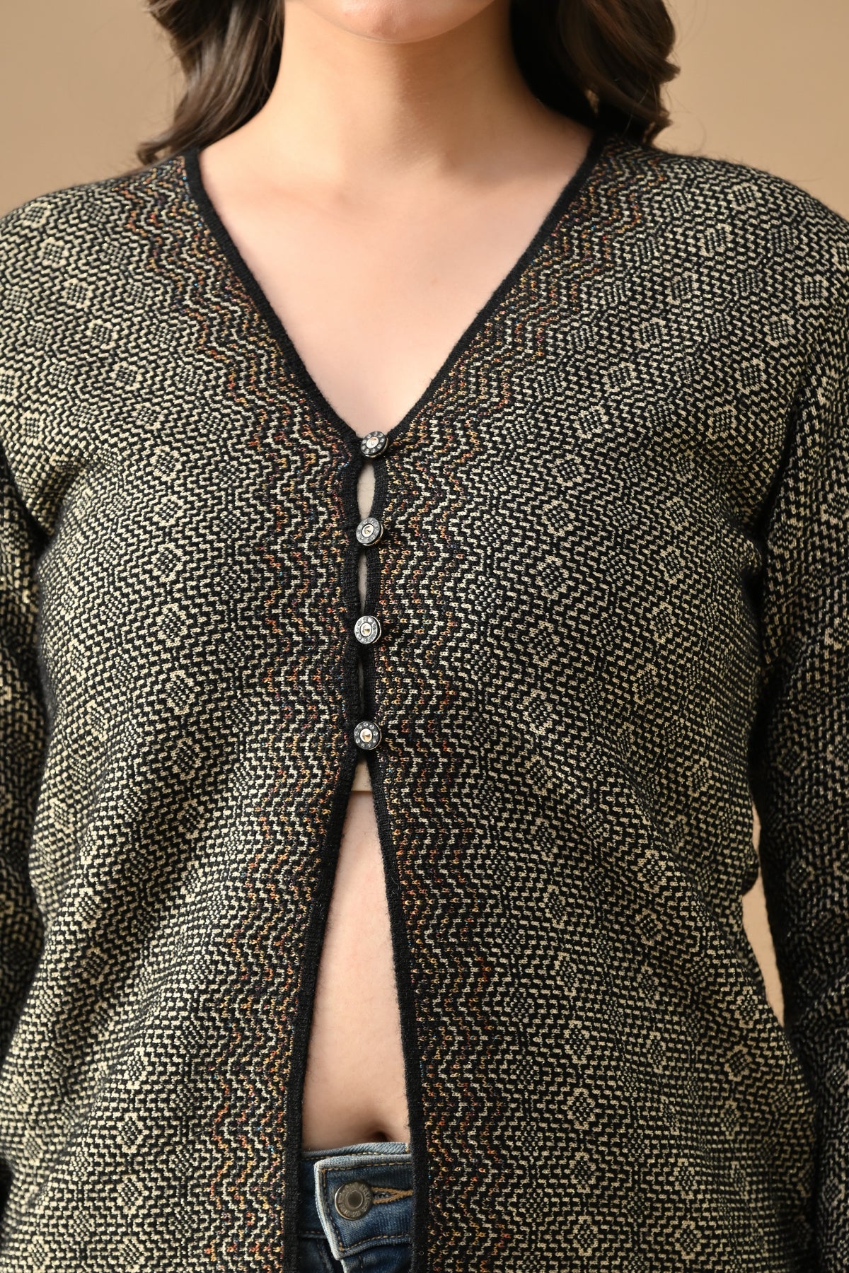 Winter Black Woven V-Neck Cardigan