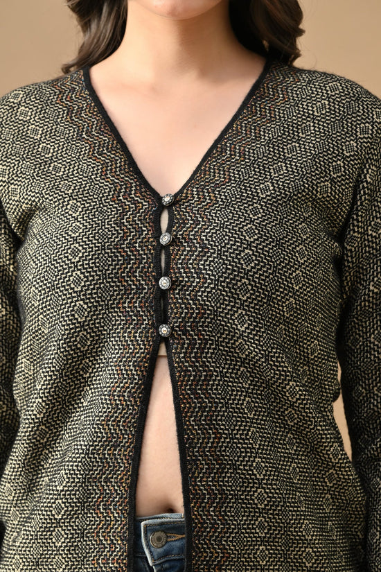 Winter Black Woven V-Neck Cardigan