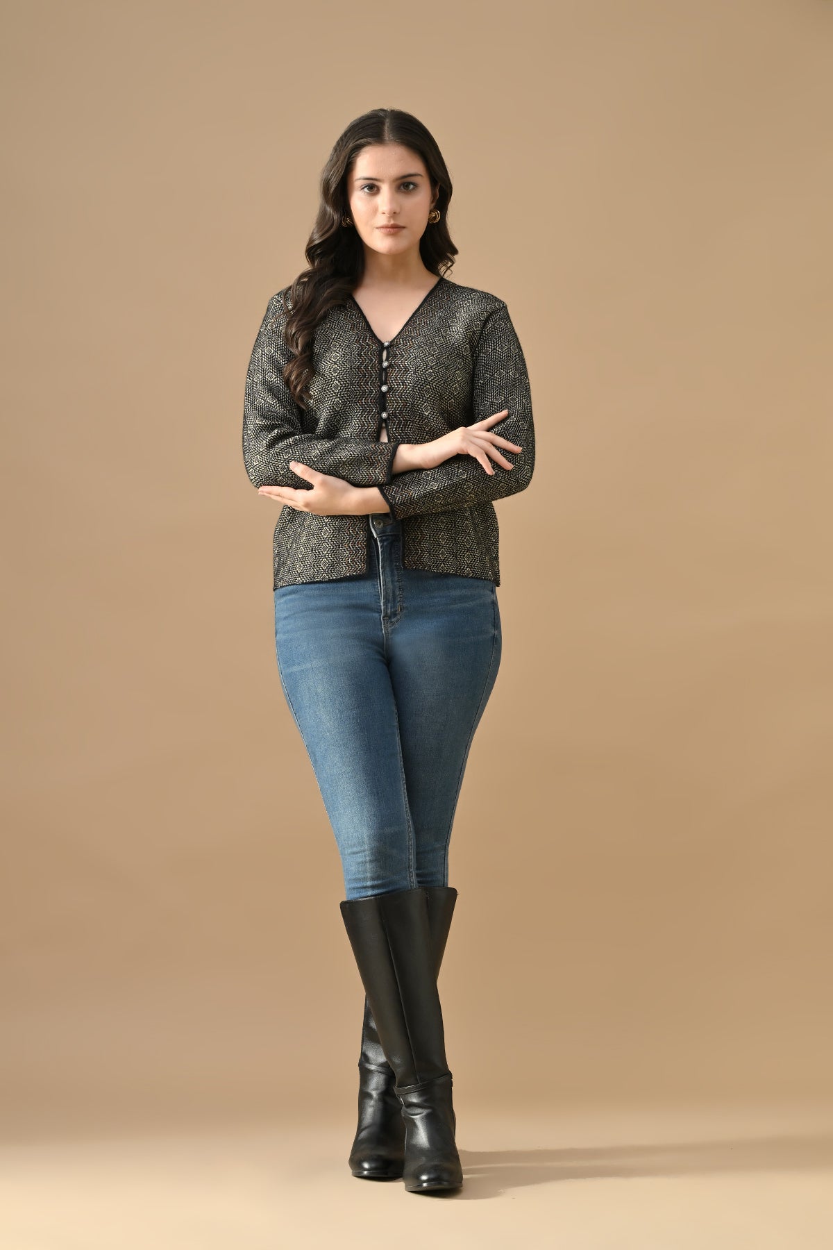 Winter Black Woven V-Neck Cardigan