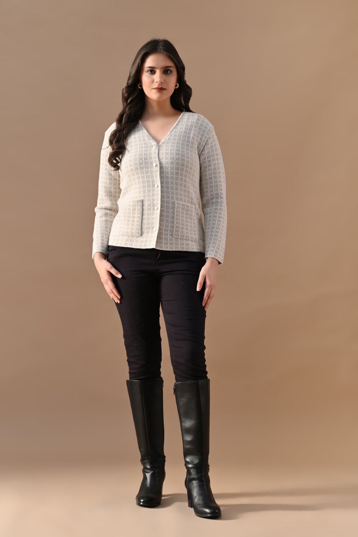 Winter Cream Woven V-Neck Cardigan