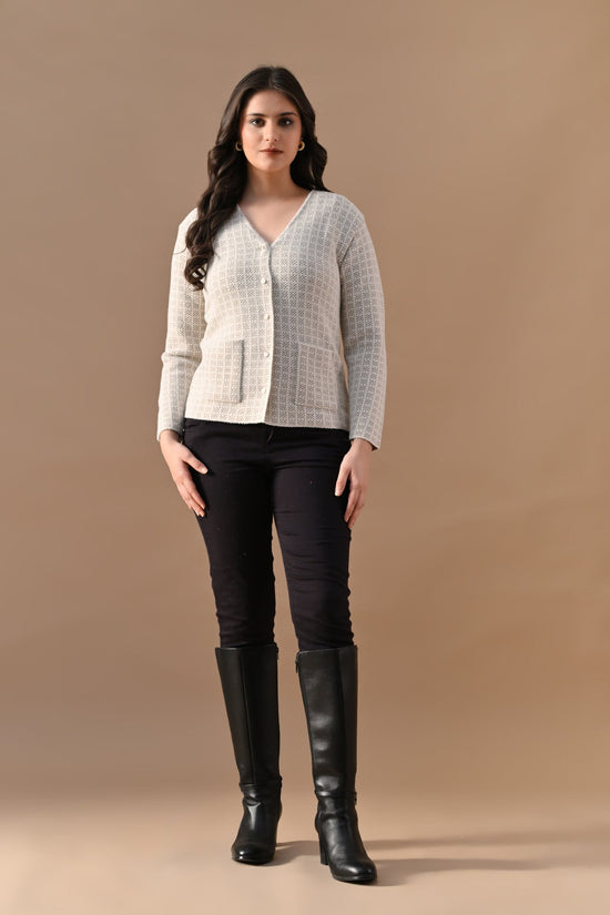 Winter Cream Woven V-Neck Cardigan