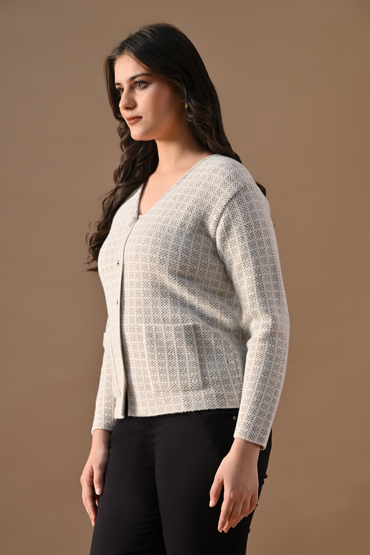 Winter Cream Woven V-Neck Cardigan