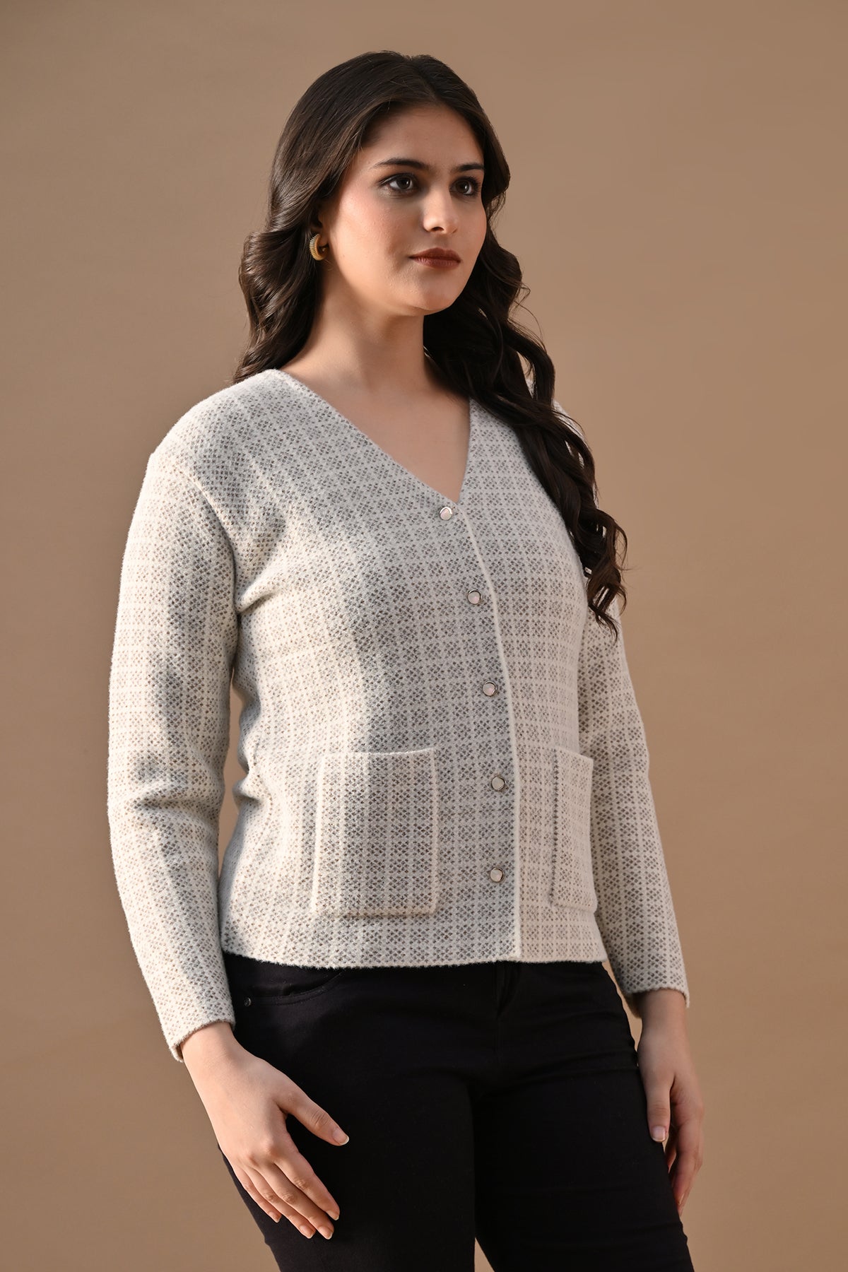 Winter Cream Woven V-Neck Cardigan
