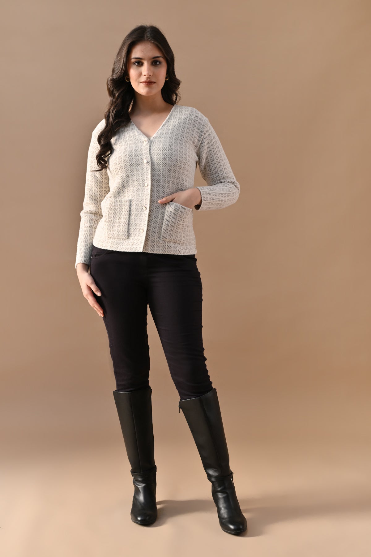 Winter Cream Woven V-Neck Cardigan