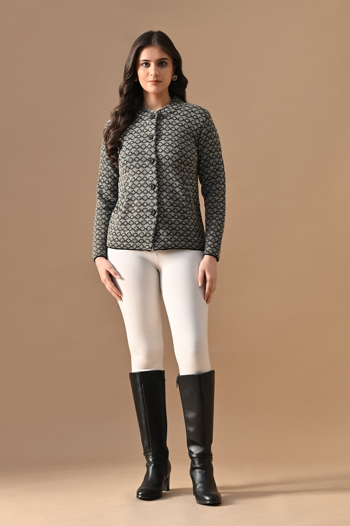 Winter Black Woven Mandarin Collar Cardigan