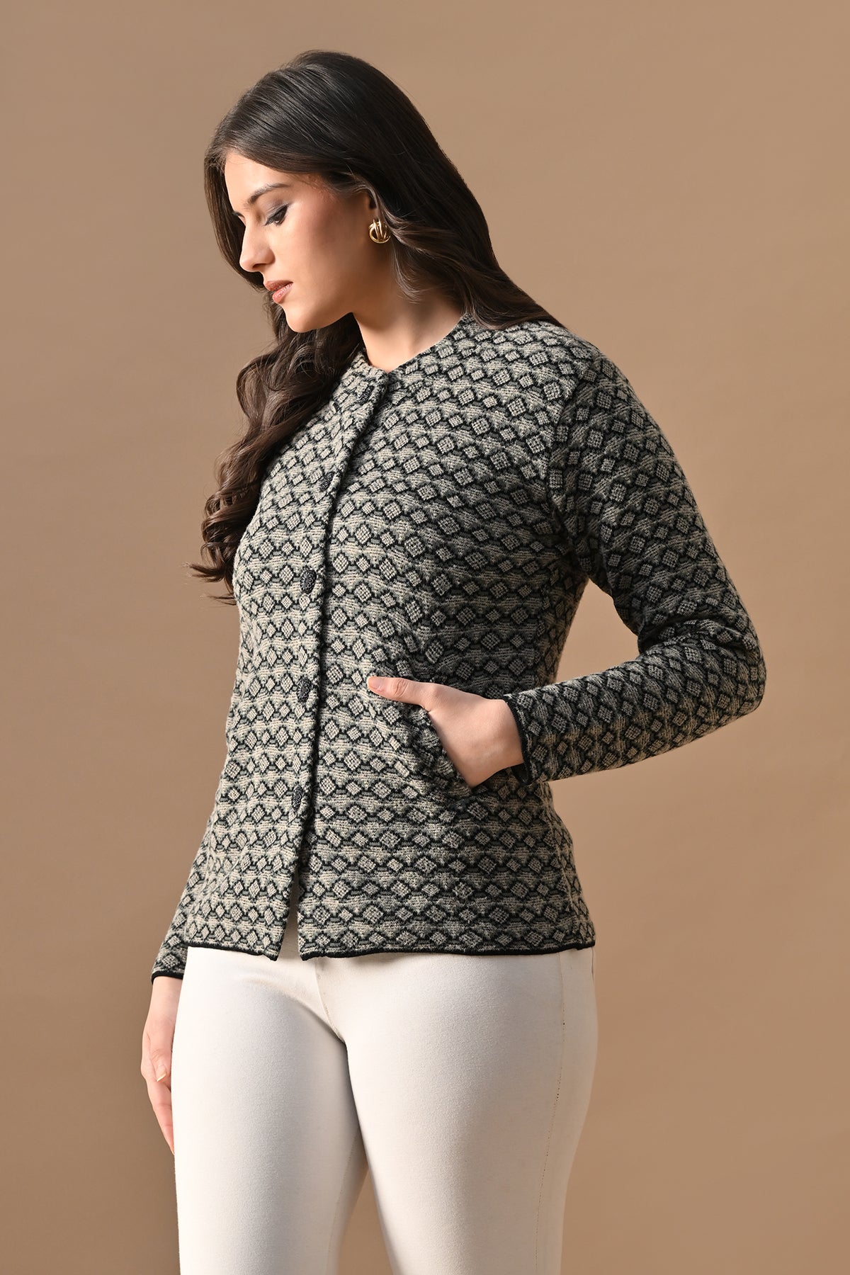 Winter Black Woven Mandarin Collar Cardigan