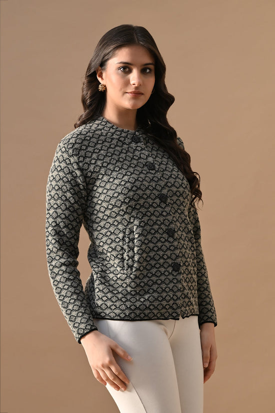 Winter Black Woven Mandarin Collar Cardigan