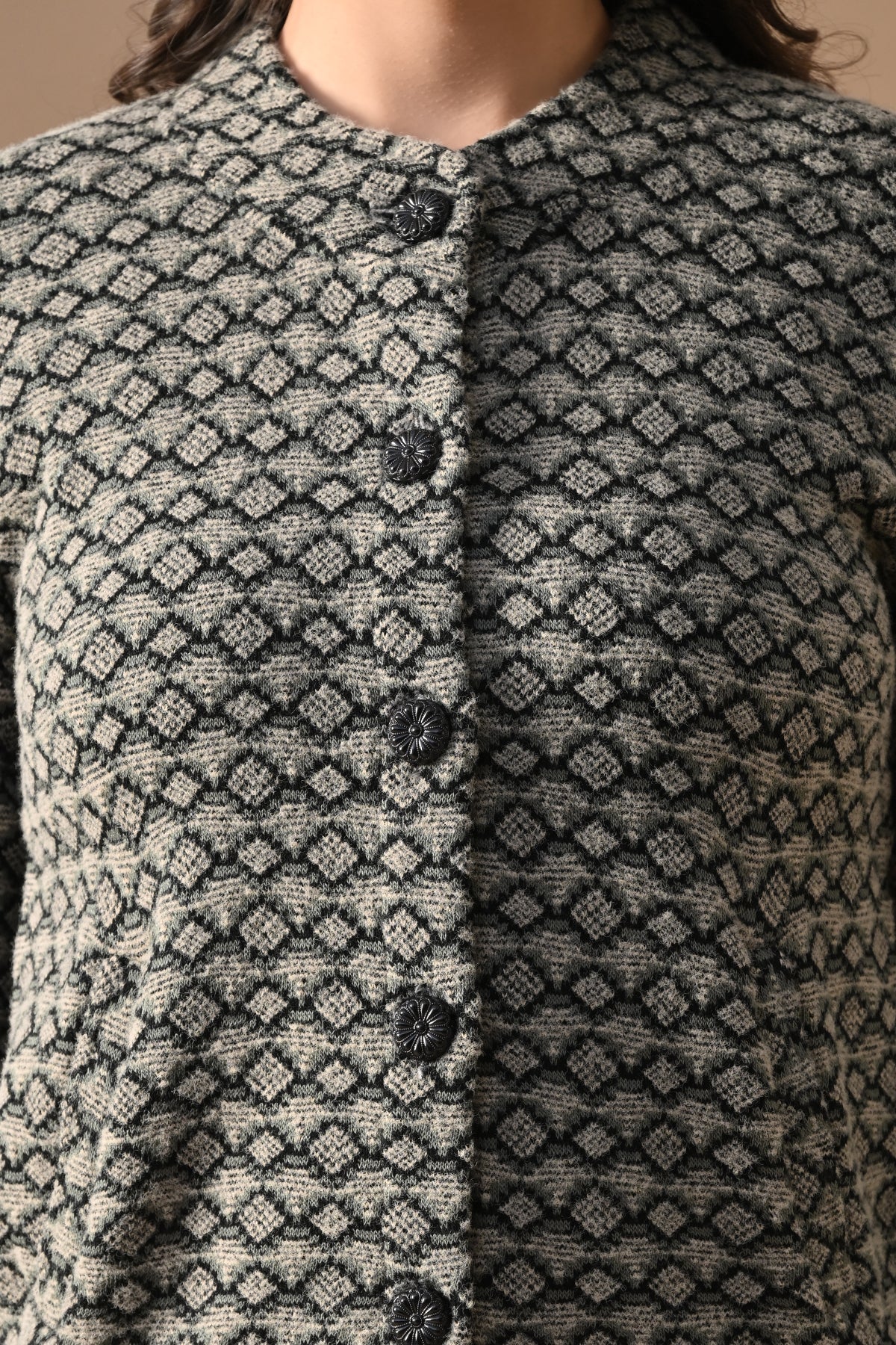 Winter Black Woven Mandarin Collar Cardigan