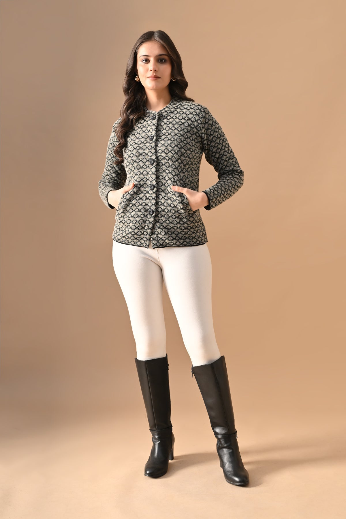 Winter Black Woven Mandarin Collar Cardigan