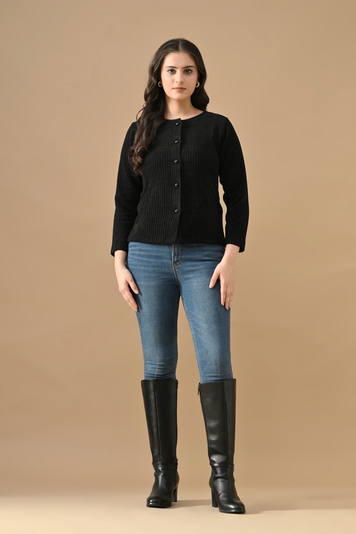 Winter Black Woven Round Neck Cardigan