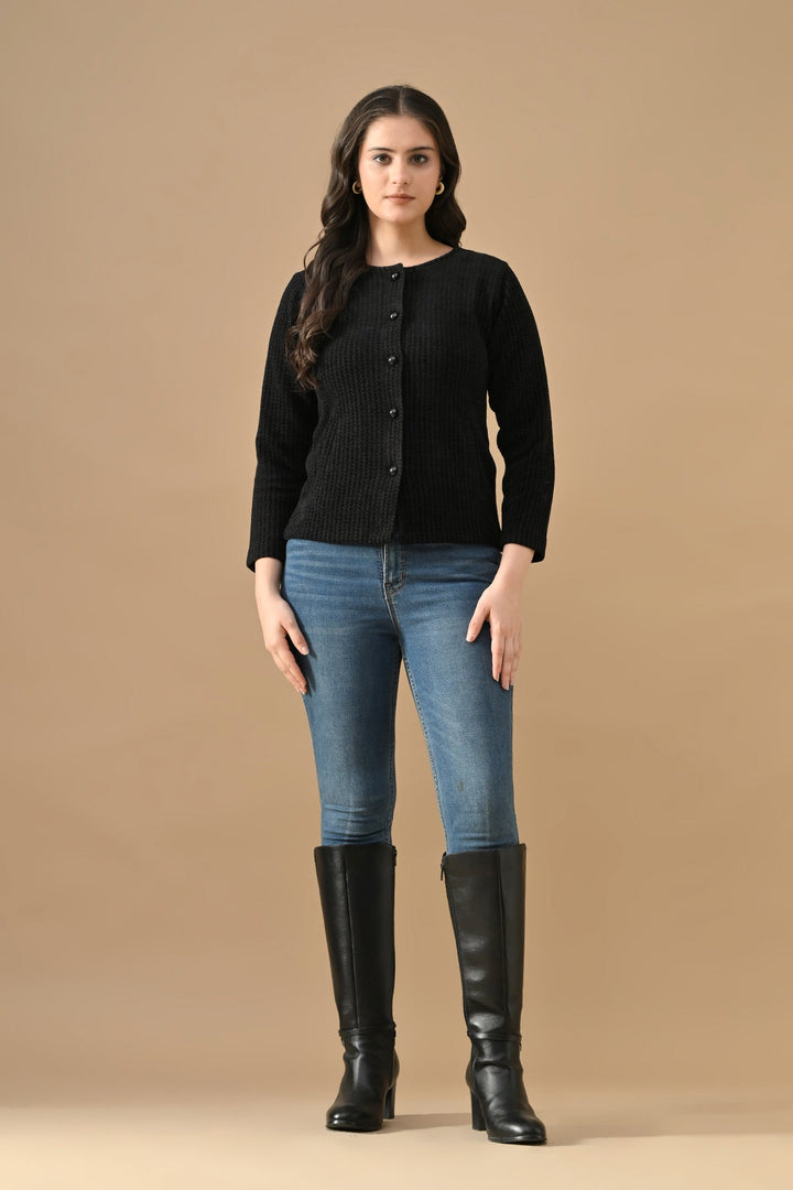 Winter Black Woven Round Neck Cardigan
