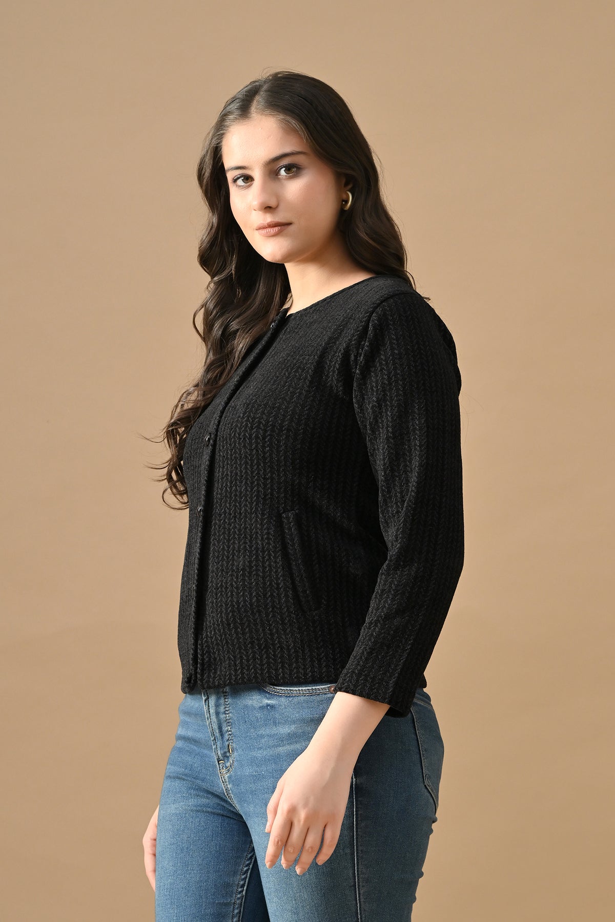Winter Black Woven Round Neck Cardigan