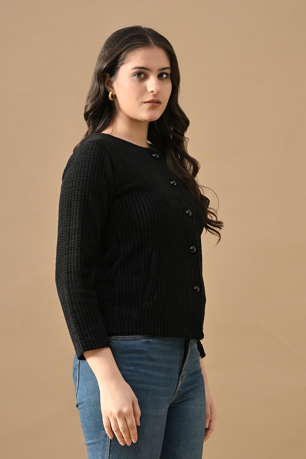 Winter Black Woven Round Neck Cardigan