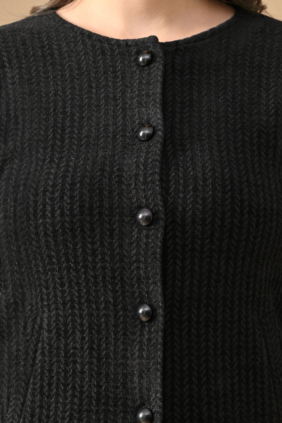 Winter Black Woven Round Neck Cardigan