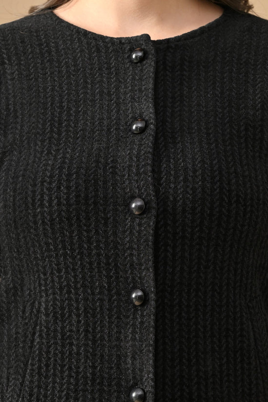 Winter Black Woven Round Neck Cardigan