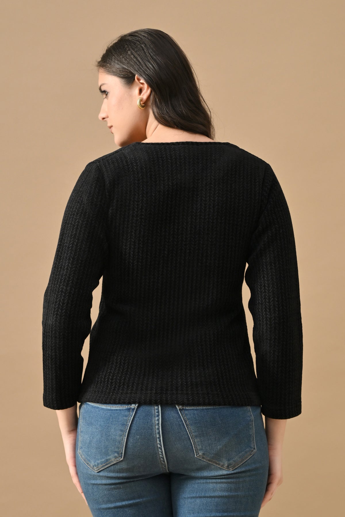 Winter Black Woven Round Neck Cardigan