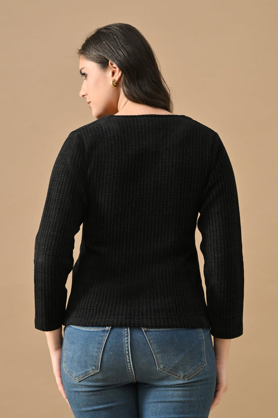 Winter Black Woven Round Neck Cardigan