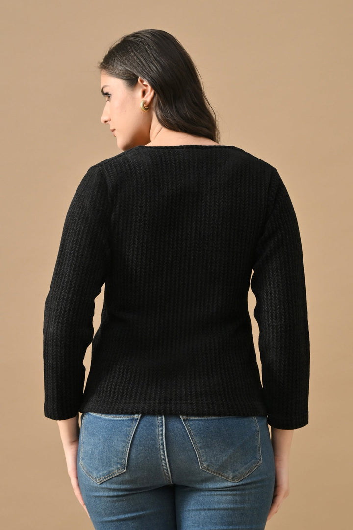 Winter Black Woven Round Neck Cardigan