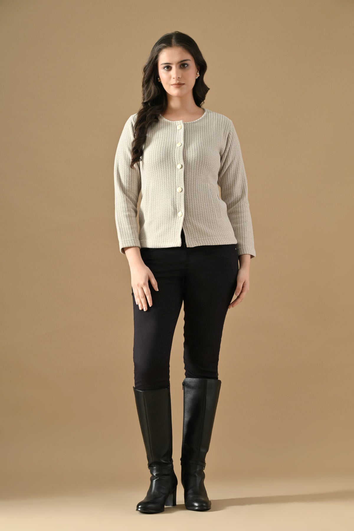 Winter Cream Woven Round Neck Cardigan