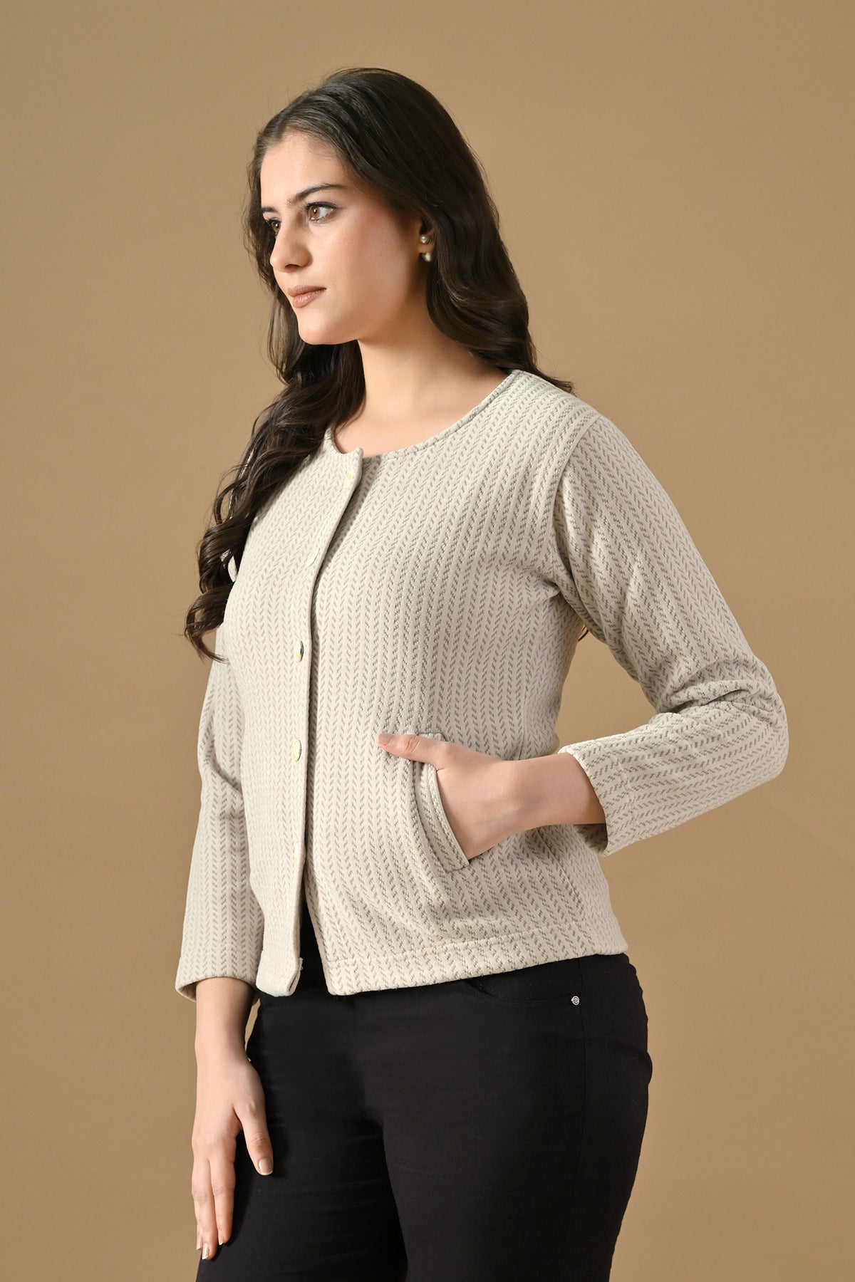 Winter Cream Woven Round Neck Cardigan