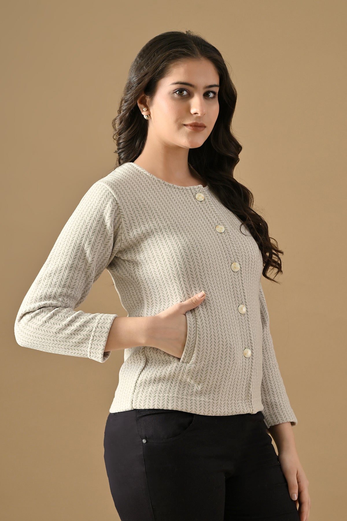 Winter Cream Woven Round Neck Cardigan