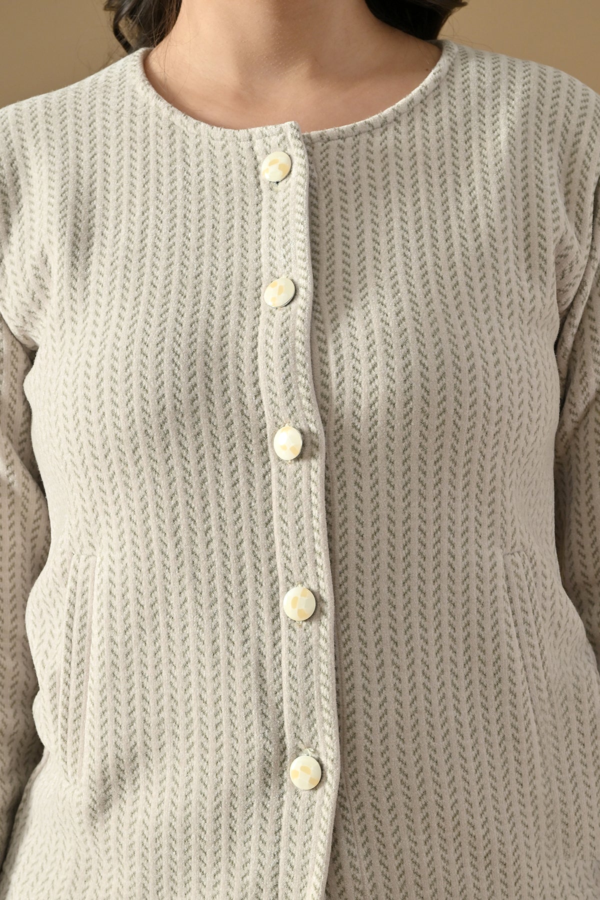 Winter Cream Woven Round Neck Cardigan