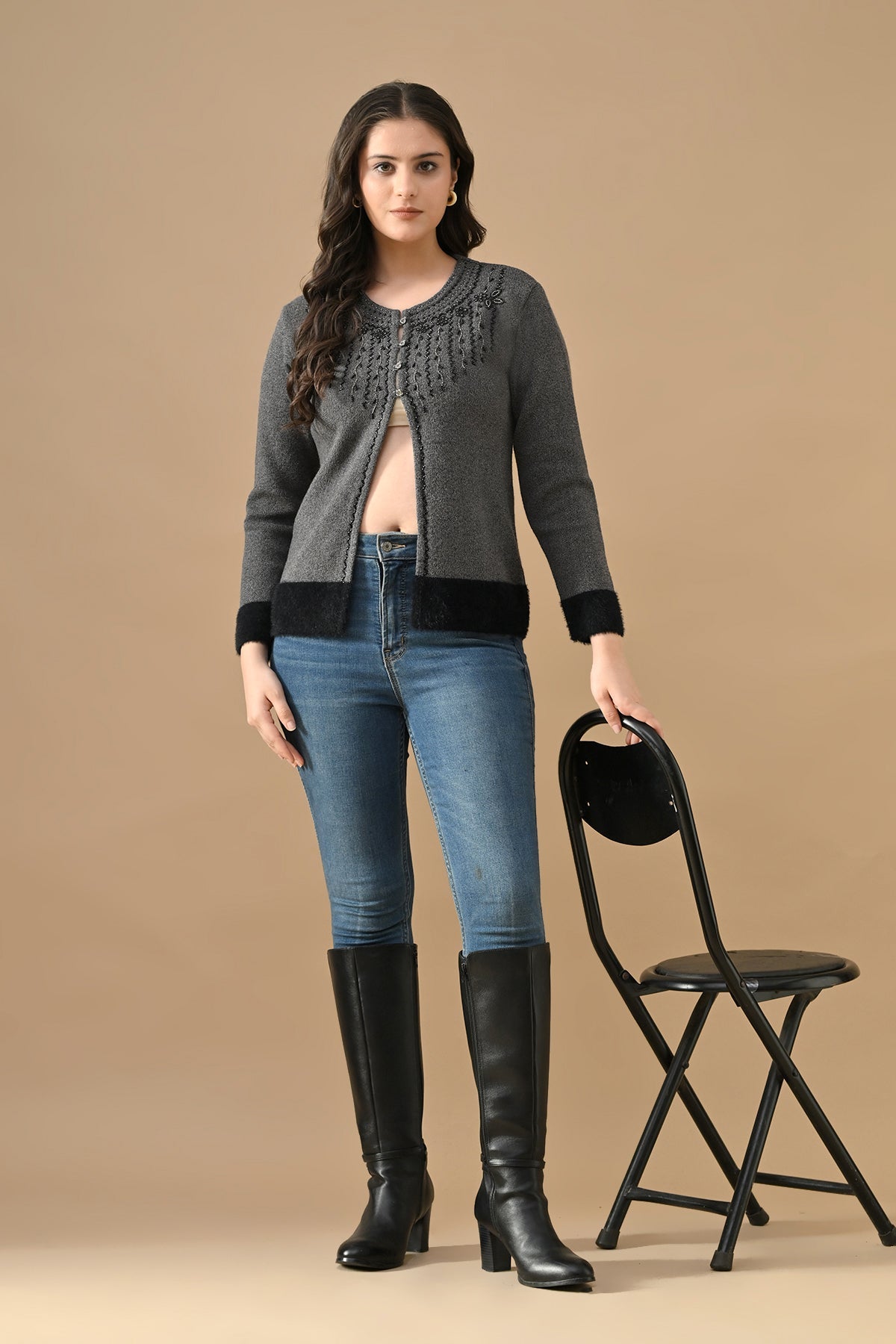 Winter Grey Woven Bead Embroidery Cardigan