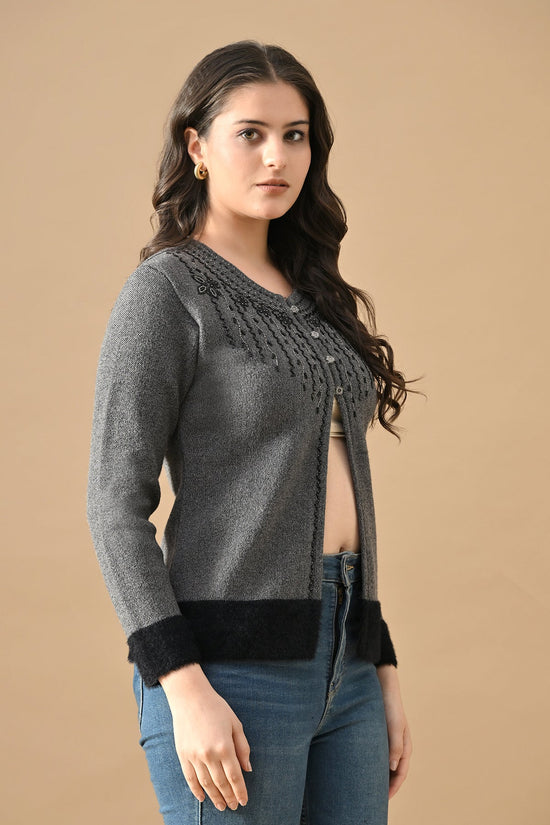 Winter Grey Woven Bead Embroidery Cardigan