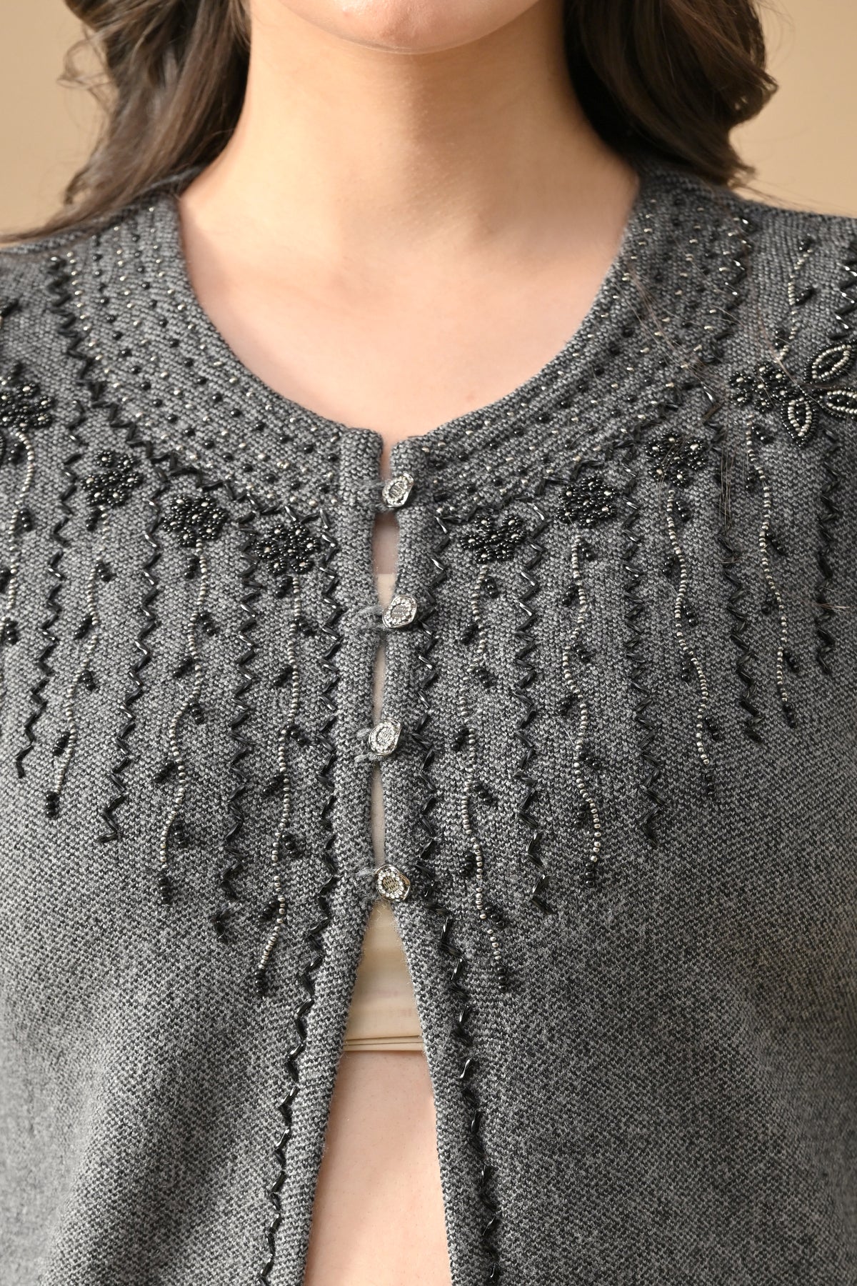 Winter Grey Woven Bead Embroidery Cardigan