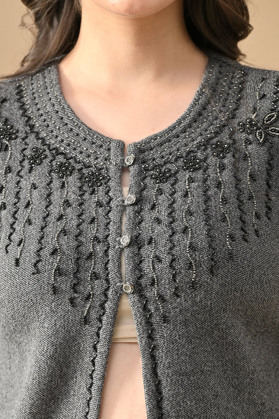 Winter Grey Woven Bead Embroidery Cardigan